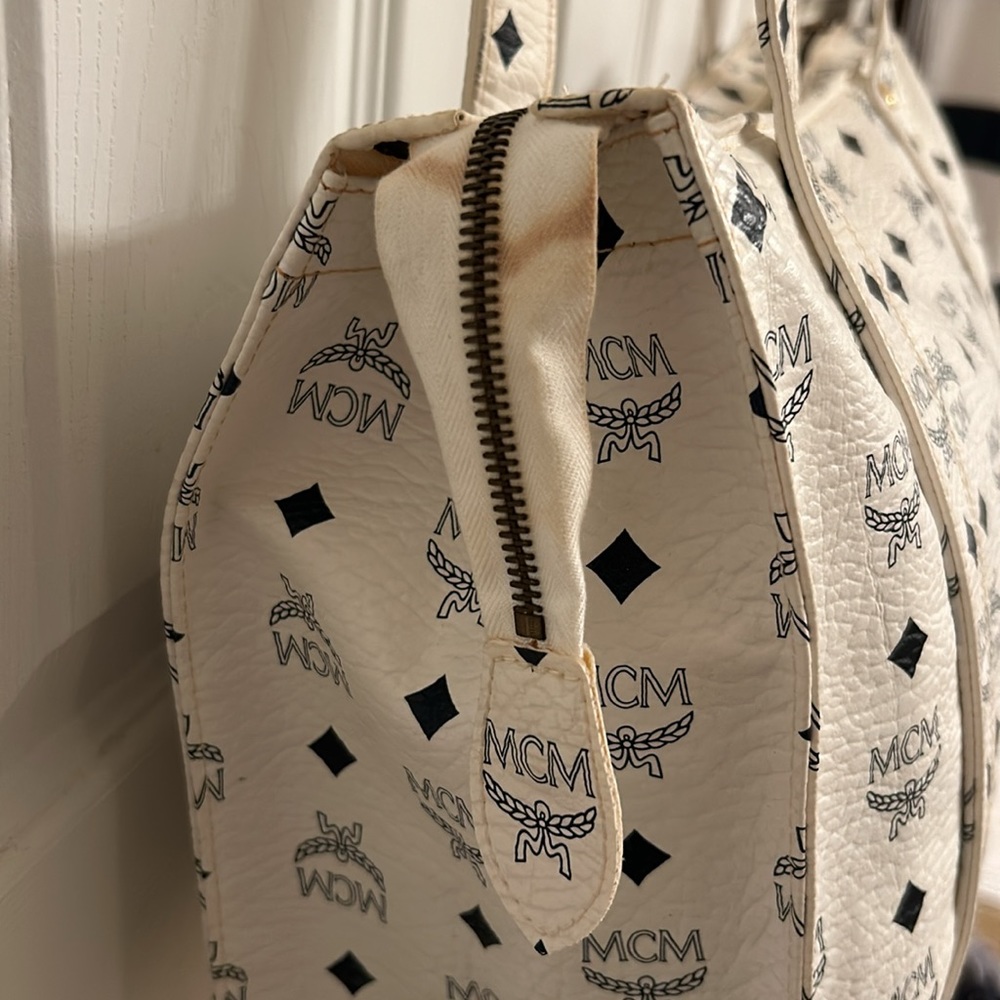 White MCM Visetos Leather Munchen Tote Full Zipper Handmade in Germany 2275A - Picture 15 of 16